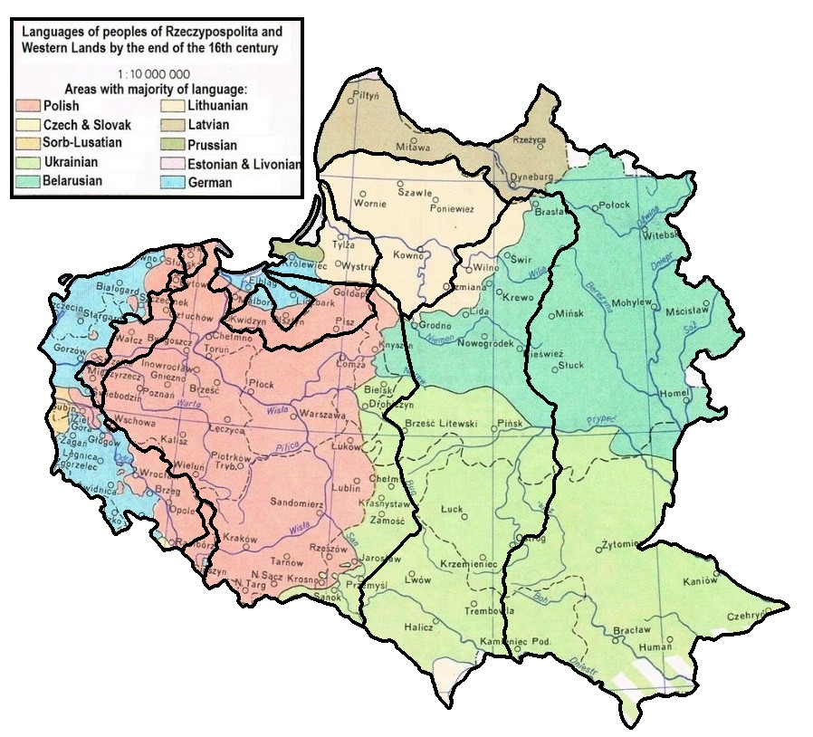 Mapa etniczna I RP na tle granic międzywojennej i współczesnej Polski, koniec XVI wieku