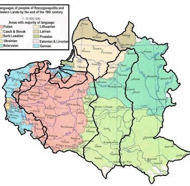 Mapa etniczna I RP na tle granic międzywojennej i współczesnej Polski, koniec XVI wieku