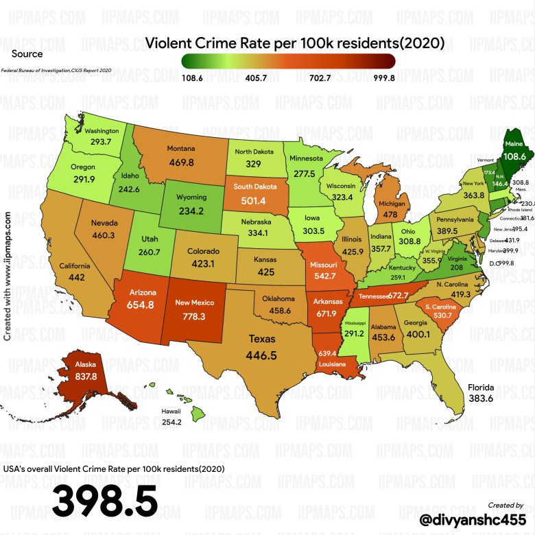 Ogólny wskaźnik przestępczości według stanu USA (na 100 tys.), 2020