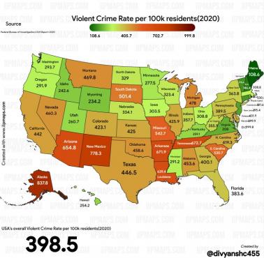Ogólny wskaźnik przestępczości według stanu USA (na 100 tys.), 2020