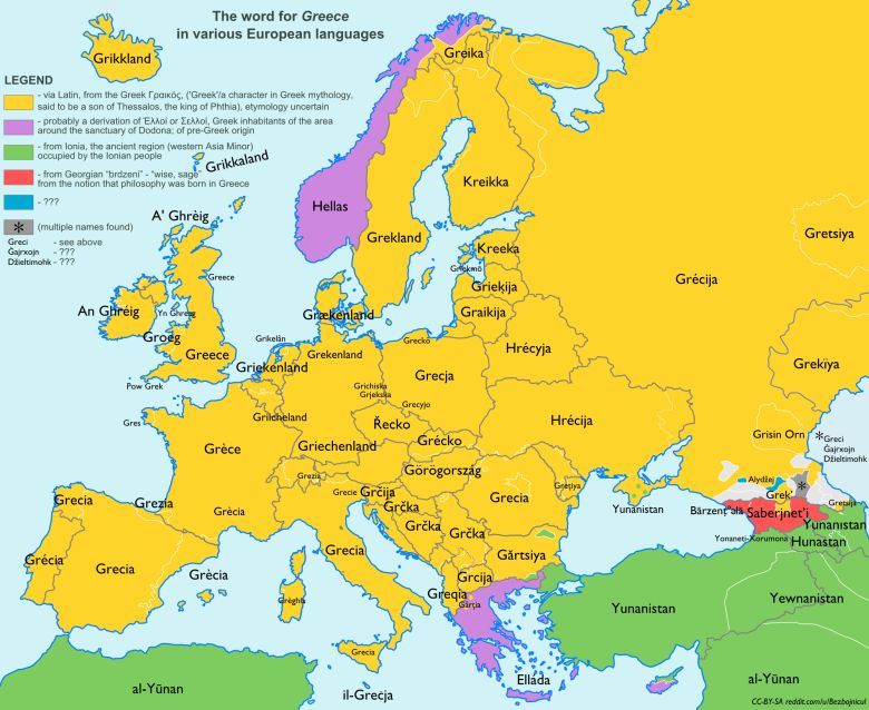 Słowo Grecja w różnych europejskich językach