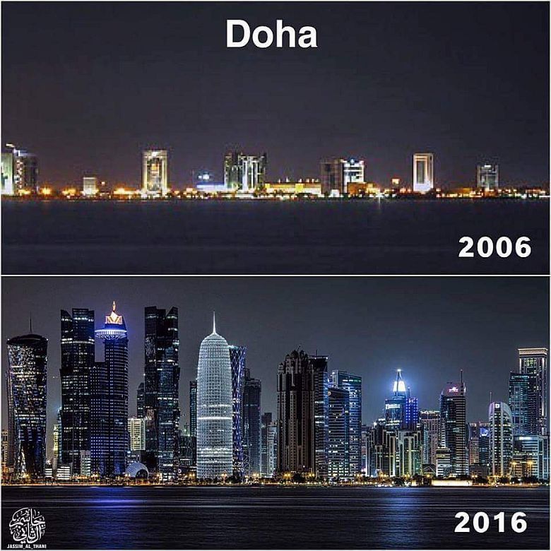 Stolica Kataru - Doha w 2006 i 2016 roku. Katar jest jednym z największych eksporterów gazu na świecie