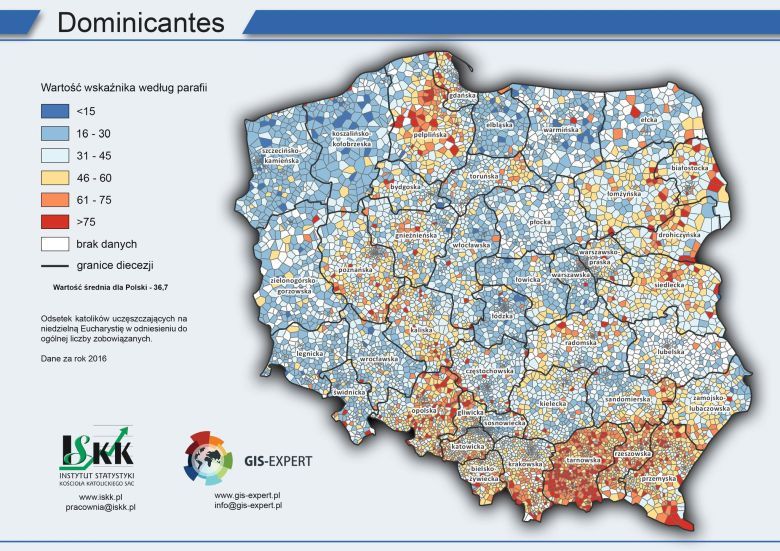 Odsetek Polaków uczęszczających na niedzielną mszę według parafii, 2016