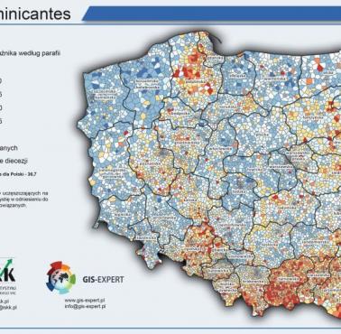 Odsetek Polaków uczęszczających na niedzielną mszę według parafii, 2016