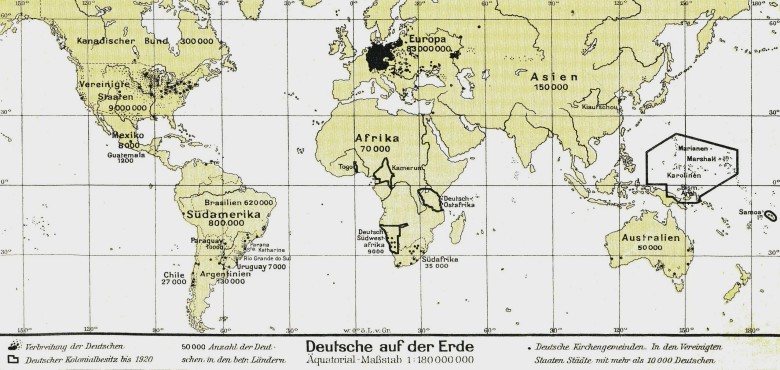 Diaspora niemiecka na całym świecie (z liczebnością) w 1920 roku