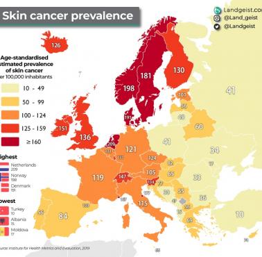 Współczynnik umieralności na raka skóry w Europie na 100 tys. mieszkanców, 2023