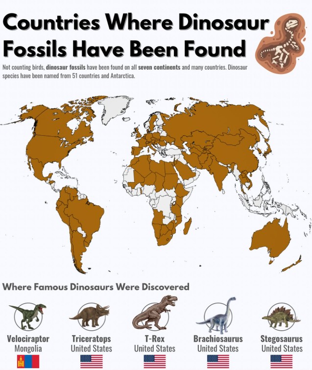 Kraje, w których znaleziono skamieniałości dinozaurów