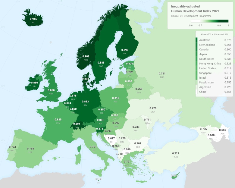 Wskaźnik rozwoju społecznego Europy  skorygowany o nierówności na bazie HDI (od ang. Human Development Index), 2021