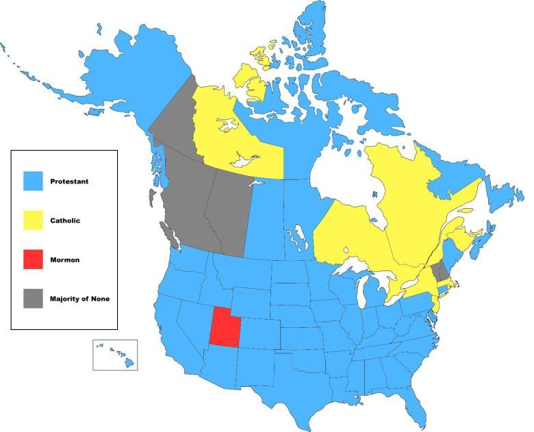 Dominujące religie w poszczególnych stanach USA i regionach Kanady