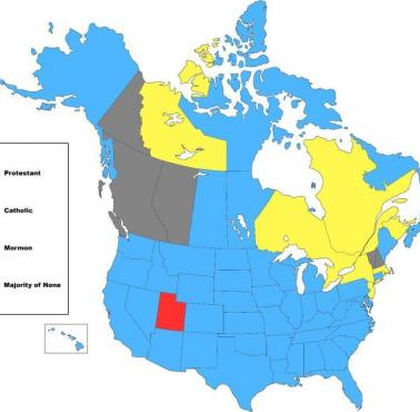 Dominujące religie w poszczególnych stanach USA i regionach Kanady