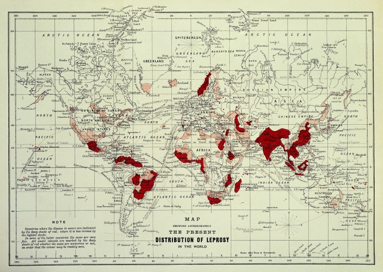 Mapa przedstawiająca rozmieszczenie trędowatych na świecie w 1891 roku
