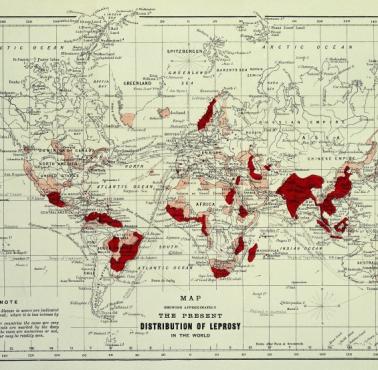 Mapa przedstawiająca rozmieszczenie trędowatych na świecie w 1891 roku