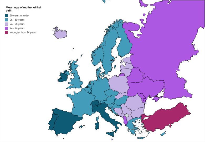 Średni wiek kobiet w chwili urodzenia pierwszego dziecka w poszczególnych państwach europejskich