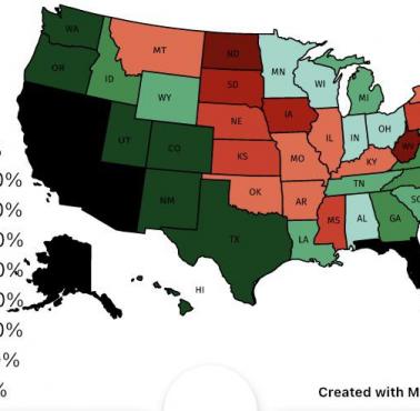 Populacja każdego stanu USA w 1920 r. jako procent populacji w 2020 r.