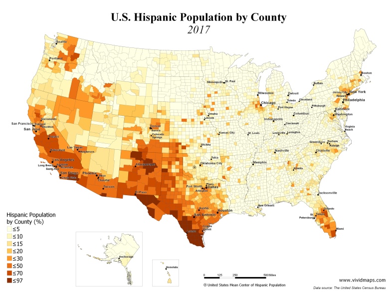 Populacja Latynosów w USA według hrabstw, 2017