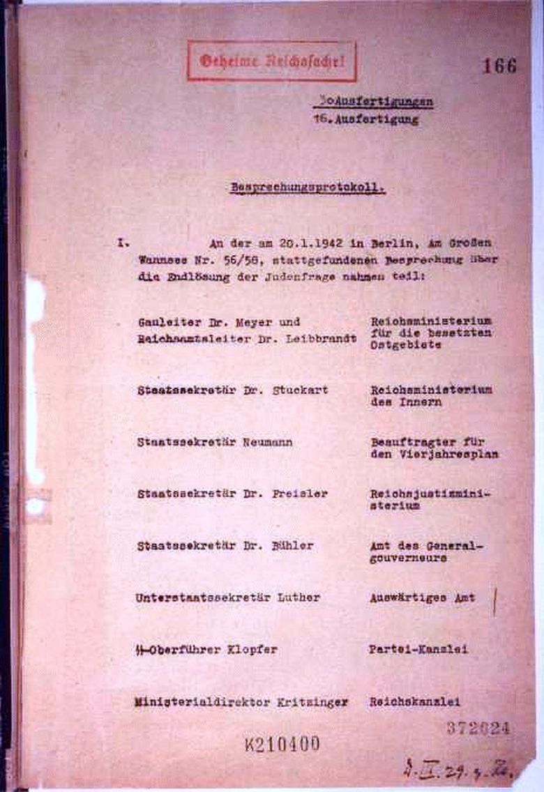 Protokół z konferencji w Wannsee odnośnie niemieckiego planu ostatecznego rozwiązania kwestii żydowskiej, 20.01.1942