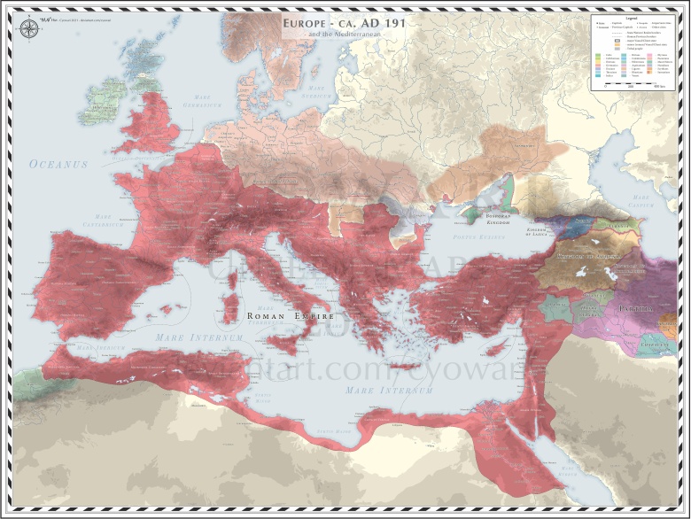 Mapa Europy (basen Morza Śródziemnego) w 191 roku n.e.