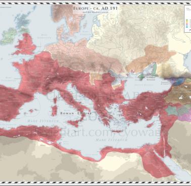 Mapa Europy (basen Morza Śródziemnego) w 191 roku n.e.