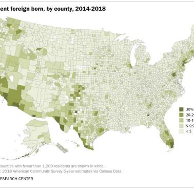 Odsetek urodzonych za granicą w USA według hrabstw, 2014-2018, PEW
