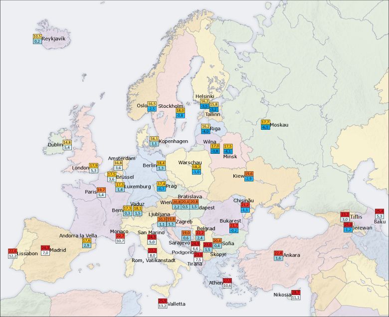 Średnie letnie i zimowe temperatury w europejskich stolicach