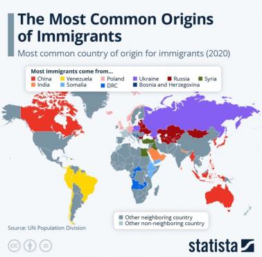 Najczęstsze pochodzenie imigrantów na świecie, 2020