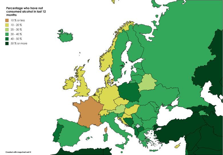 Odsetek Europejczyków, którzy nie spożyli alkoholu w ciągu ostatnich 12 miesięcy