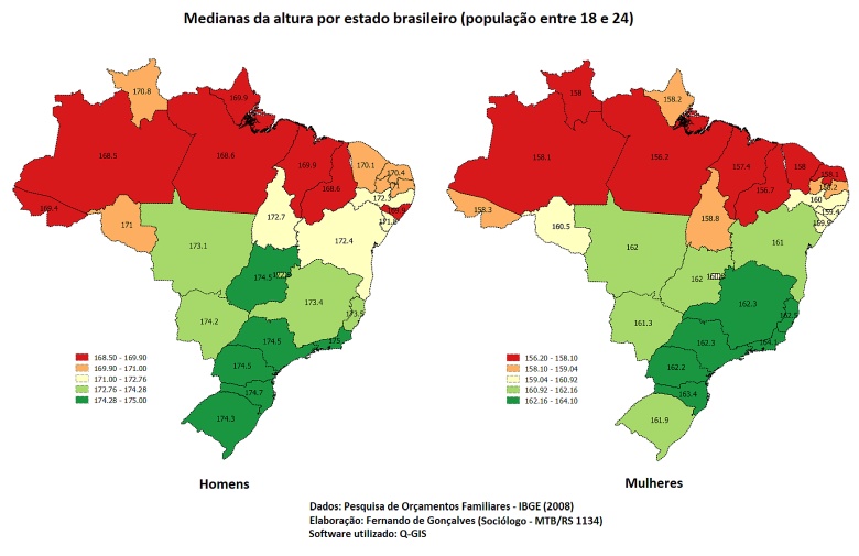 Średni wzrost brazylijskich mężczyzn i kobiet (18-24 lata) z podziałem na największe jednostki administracyjne, 2008