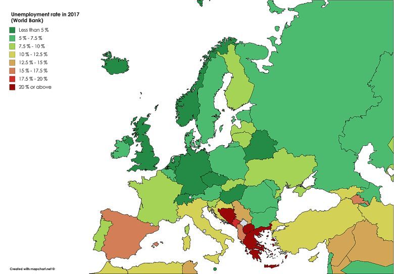 Europejskie stopy bezrobocia w 2017 roku