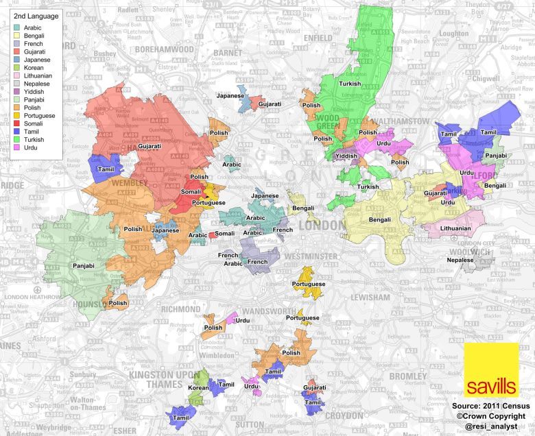 Drugi najczęściej używany język w Londynie z podziałem na dzielnice