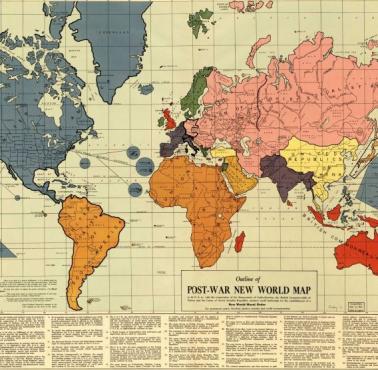 Zarys mapy powojennego świata stworzona przez Maurice'a Gomberga w 1942 roku