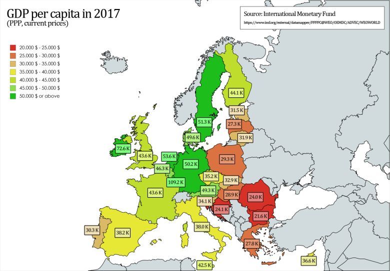 PKB na mieszkańca krajów UE w 2017 roku