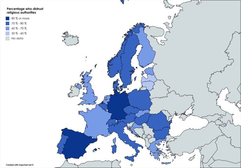 Odsetek Europejczyków, którzy nieufnie podchodzą do władz religijnych