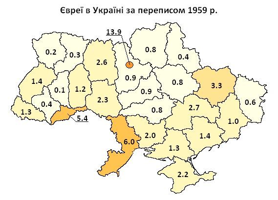 Żydzi (jako procent ogółu ludności) w ukraińskich regionach, 1959