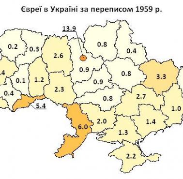 Żydzi (jako procent ogółu ludności) w ukraińskich regionach, 1959