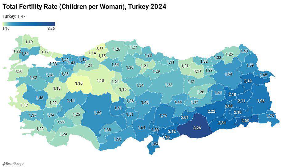 Współczynnik dzietności Turcji z podziałem na prowincje, 2024