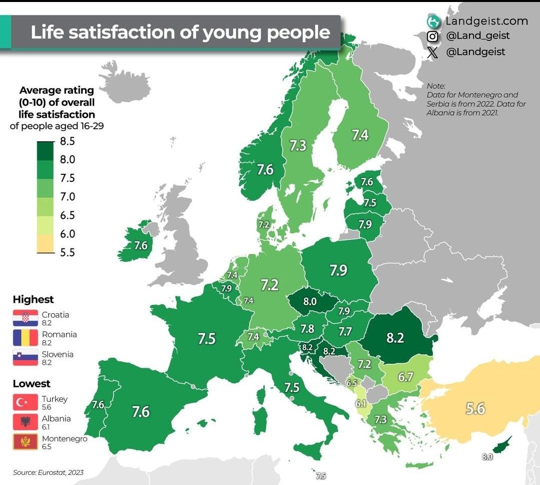 Mapa satysfakcji z życia młodych mieszkańców (16-29) poszczególnych krajów Europy, 2023