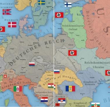 Niemcy u szczytu potęgi pod koniec 1942 roku z podziałem na rodzaj okupacji - Reichskommissariat i Militärverwaltung