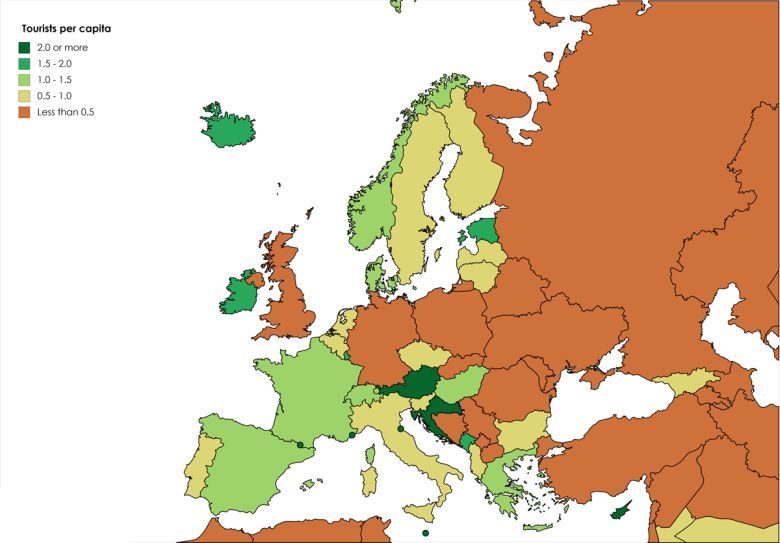 Turyści na mieszkańca w krajach europejskich