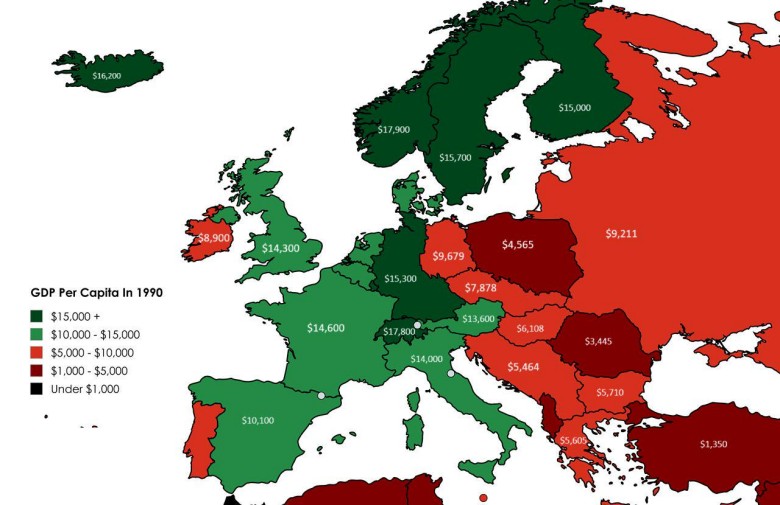 PKB na mieszkańca w Europie w 1990 roku