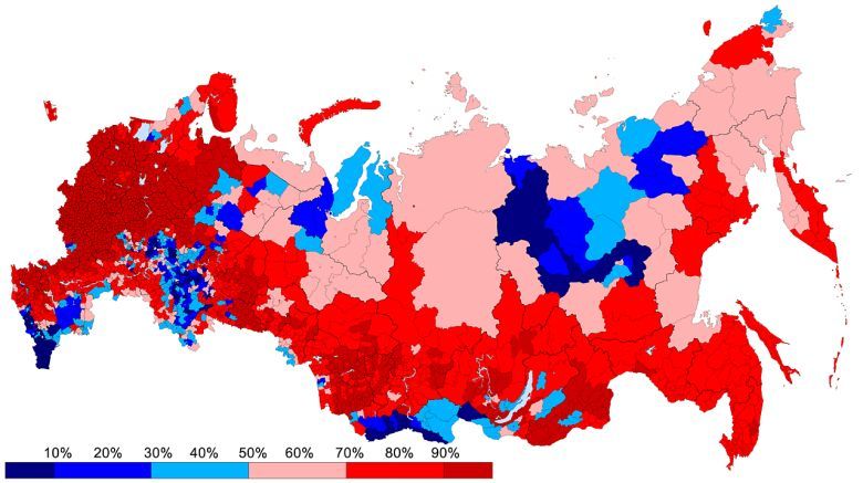 Etniczni Rosjanie (jako procent całkowitej populacji) w Rosji w 1989 roku z podziałem na regiony