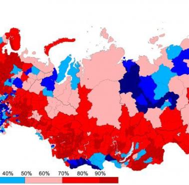 Etniczni Rosjanie (jako procent całkowitej populacji) w Rosji w 1989 roku z podziałem na regiony