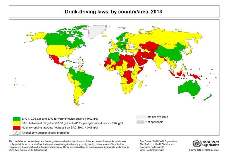 Prawo odnośnie kierowania pojazdami po spożyciu alkoholu (promile) w poszczególnych państwach świata, 2013