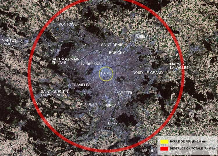 Zasięg działania największej wyprodukowanej bomby jądrowej (Car bomba, termojądrowej) na przykładzie Paryża