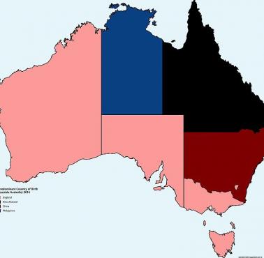 Dominujący kraj urodzenia (poza Australią) 2016