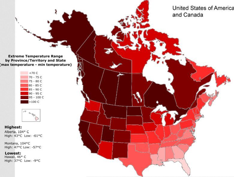 Zakres ekstremalnych temperatur według stanu i prowincji USA i Kanady (° C)