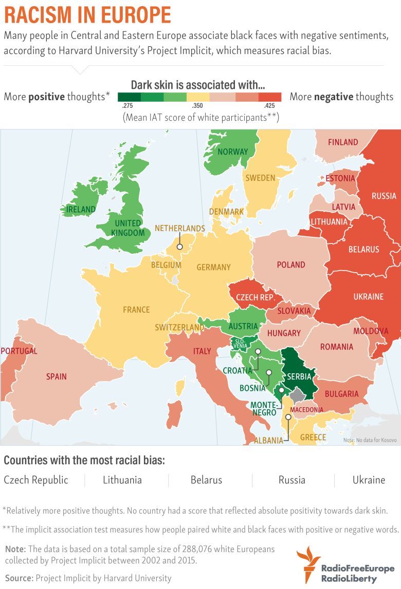 Mapa wyników IAT (Implicit Association Test), rosowe uprzedzenia według kraju w Europie, 2002-2015