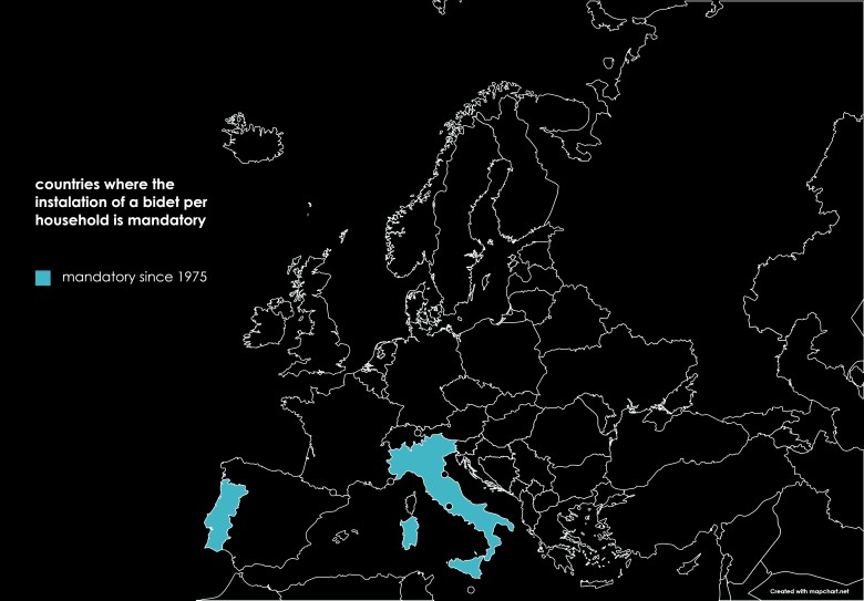 Kraje w Europie z obowiązkiem montowania bidetów w WC, 1975
