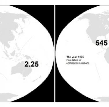 Zaludnienie kontynentów w 1700 i 1975 roku. Najwięcej wzrosła w obu Amerykach i było to ponad 41 razy