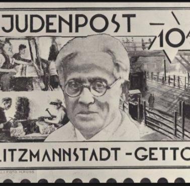 Znaczek poczty Łódzkiego Getta, a na nim prezes łódzkiego Judenratu Chaim Rumkowski