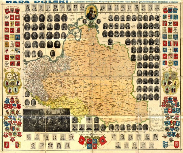 Mapa Polski upamiętniająca uchwalenia przez Parlament Pruski ustawy o wywłaszczeniu Polaków, 1910